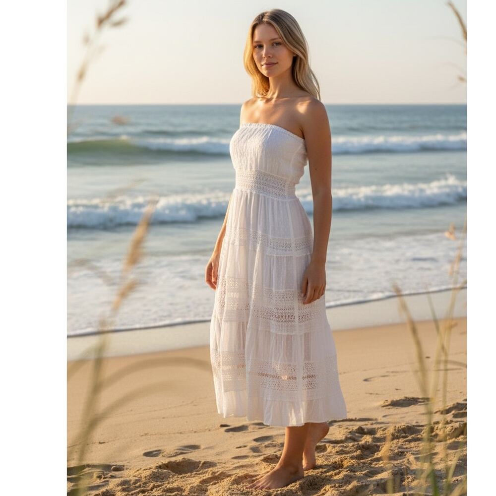 Solitaire Strapless Peasant Dress Swiss Dot Crochet Detail White M